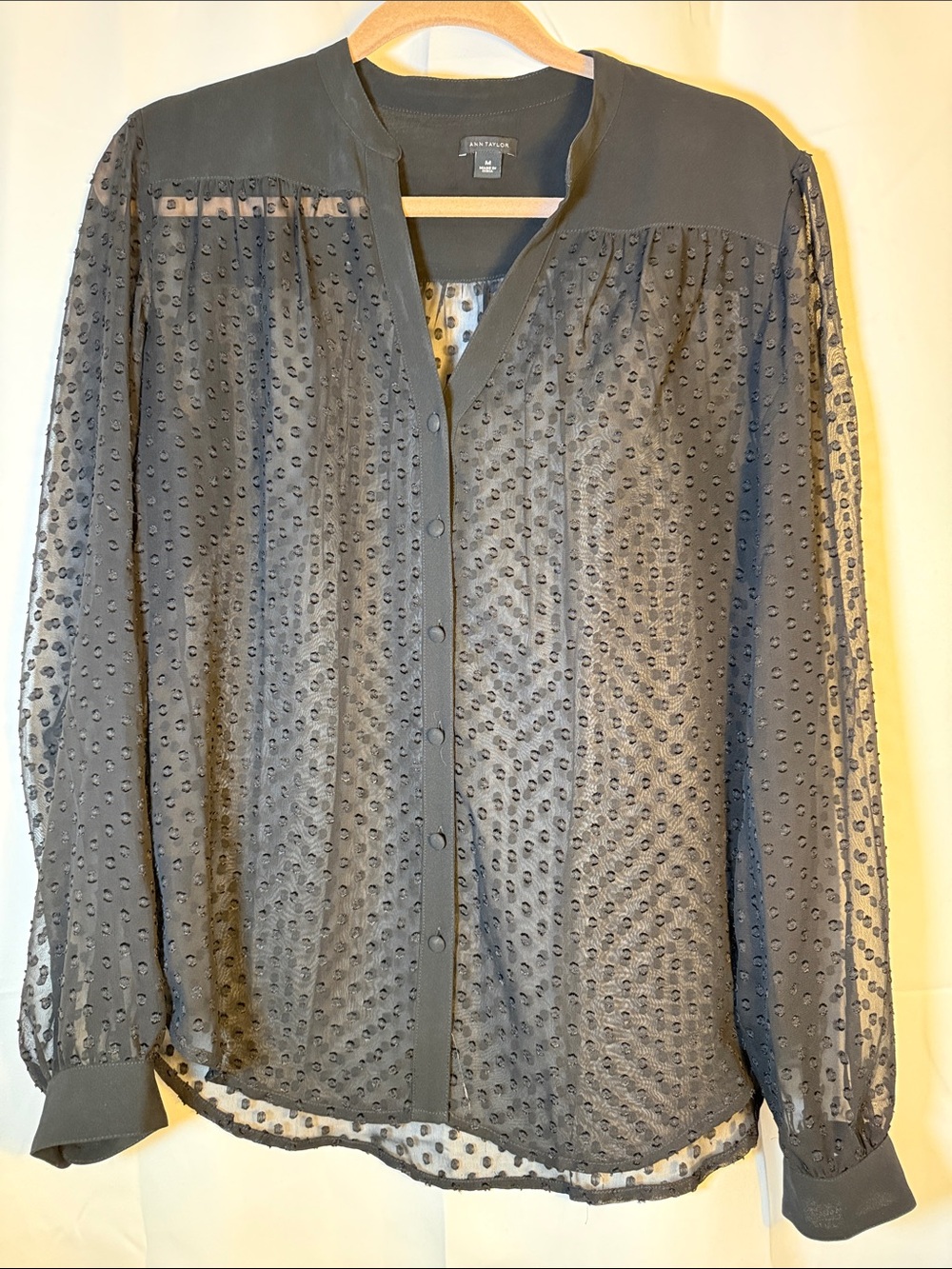 Ann Taylor Sheer Swiss Dot Button-Up Blouse in Black size: M